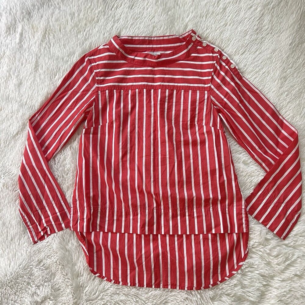 J.Crew Striped Button  Top 0 Red White Cotton Funnel Neck High Low Blouse